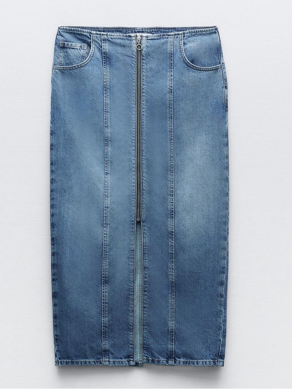 Zara Light Blue Denim Midi Skirt with Front Zip